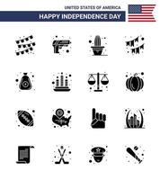 joyeux jour de l'indépendance usa pack de 16 glyphes solides créatifs d'argent guirlande fleur fête bruants modifiables usa day vector design elements