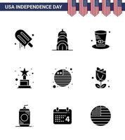 groupe de 9 glyphes solides définis pour le jour de l'indépendance des états-unis d'amérique tels que fleur drapeau chapeau pays prix modifiable usa day vector design elements