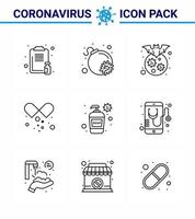 nouveau coronavirus 2019ncov 9 ligne pack d'icônes bouteille de médicaments chauve-souris médicaments médicaux maladie coronavirus viral 2019nov éléments de conception de vecteur de maladie