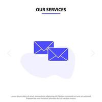 nos services courrier réponse transmettre lettre de correspondance commerciale icône de glyphe solide modèle de carte web vecteur