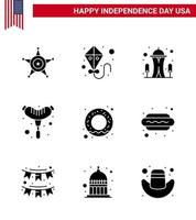 usa joyeux jour de l'indépendancepictogramme ensemble de 9 glyphes solides simples d'aliments pour hot dog point de repère beignet frankfurter modifiable usa day vector design elements