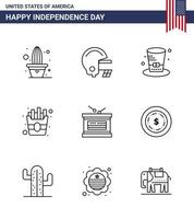 joyeux jour de l'indépendance pack de 9 lignes signes et symboles pour le jour de l'indépendance chapeau de vacances tambour alimentaire éléments de conception vectoriels modifiables usa day vecteur