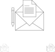 courrier message fax lettre audacieuse et fine ligne noire jeu d'icônes vecteur