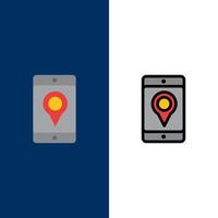 icônes de localisation de carte cellulaire mobile plat et ligne remplie icône ensemble vecteur fond bleu