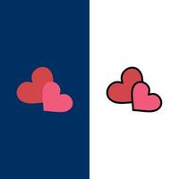 coeur amour aime icônes de mariage plat et ligne remplie icône ensemble vecteur fond bleu