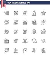 joyeux jour de l'indépendance pack de 25 lignes signes et symboles pour les hommes étoiles fleur usa cola modifiable usa day vector design elements