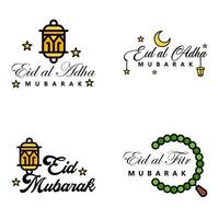 pack de 4 vecteurs de texte de calligraphie arabe avec la lune et les étoiles de l'aïd moubarak pour la célébration du festival de la communauté musulmane vecteur