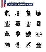 4 juillet usa joyeux jour de l'indépendance icône symboles groupe de 16 glyphes solides modernes d'american sheild citrouille washington vue modifiable usa day vector design elements