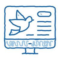 oiseau sur écran d'ordinateur doodle icône illustration dessinée à la main vecteur