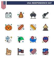 joyeux jour de l'indépendance 16 pack d'icônes de lignes remplies à plat pour le web et l'impression citrouille arme de barbecue américain pistolet modifiable éléments de conception de vecteur de jour des états-unis