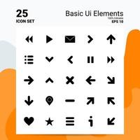 25 éléments d'interface utilisateur de base jeu d'icônes 100 fichiers eps modifiables 10 idées de concept de logo d'entreprise conception d'icône de glyphe solide vecteur