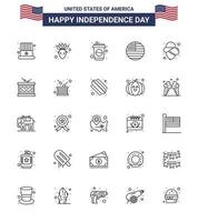 pack de 25 signes de lignes de célébration de la fête de l'indépendance des états-unis et symboles du 4 juillet tels que chapeau usa cola drapeau des états-unis éléments de conception vectoriels modifiables de la journée des états-unis vecteur