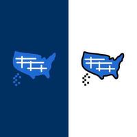 carte états unis usa icônes plat et ligne remplie icône ensemble vecteur fond bleu