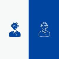 soutien aux entreprises conseil client homme consultant en ligne ligne de service et glyphe icône solide bannière bleue ligne et glyphe icône solide bannière bleue vecteur