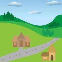 vecteur illustrateur de vue sur la montagne avec un petit village et un ciel bleu