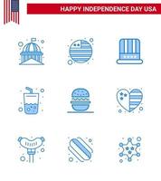 9 panneaux bleus pour la fête de l'indépendance des états-unis manger cola chapeau verre d'été modifiable usa day vector design elements
