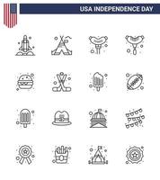 pack de 16 symboles de la fête de l'indépendance des états-unis du hockey sportif hamburger de repas américain modifiable éléments de conception vectorielle de la journée des états-unis vecteur