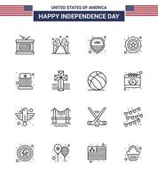 4 juillet usa joyeux jour de l'indépendance icône symboles groupe de 16 lignes modernes de divertissement drapeau insigne de sécurité américain modifiable usa day vector design elements