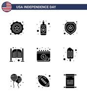 9 signes de glyphes solides pour l'entrée du calendrier de la fête de l'indépendance des états-unis vecteur