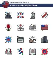 joyeux jour de l'indépendance usa pack de 16 lignes créatives remplies à plat de guirlande de fleurs hotdog américain usa modifiable usa day vector design elements