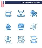 pack bleu de 9 symboles de la fête de l'indépendance des états-unis de signe thanksgiving crème dessert sucré éléments de conception vectoriels modifiables de la journée des états-unis vecteur