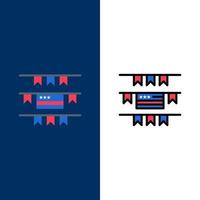 bruants fête décoration icônes américaines plat et ligne remplie icône ensemble vecteur fond bleu