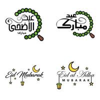 pack moderne de 4 eidkum mubarak arabe traditionnel typographie coufique carrée moderne texte de salutation décoré d'étoiles et de lune vecteur