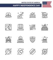 16 panneaux de ligne pour la carte de la fête de l'indépendance des états-unis vecteur