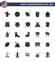 usa joyeux jour de l'indépendancepictogramme ensemble de 25 glyphe solide simple de dessert usa balle jus alcool modifiable usa day vector design elements