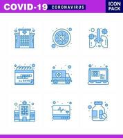 25 ensemble d'icônes d'urgence de coronavirus conception bleue telle que calendrier de voiture souffle date de quarantaine coronavirus viral 2019nov éléments de conception de vecteur de maladie