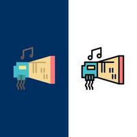 audio blaster périphérique matériel musique icônes plat et ligne remplie icône ensemble vecteur fond bleu