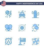 pack bleu de 9 symboles de la fête de l'indépendance des états-unis de l'insigne amour blanc américain éléments de conception vectoriels américains modifiables de la journée des états-unis vecteur