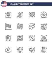 joyeux jour de l'indépendance usa pack de 16 lignes créatives de drapeau usa sports américains backetball modifiables usa day vector design elements