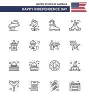 joyeux jour de l'indépendance pack de 16 lignes signes et symboles pour la scène usa shose tente américaine modifiable usa day vector design elements