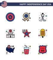 pack de 9 célébrations de la fête de l'indépendance des états-unis signes de lignes remplies à plat et symboles du 4 juillet tels que la nourriture usa bâtiment drapeau étoile modifiable usa day vector design elements