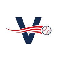lettre initiale v concept de logo de baseball avec modèle vectoriel d'icône de baseball en mouvement