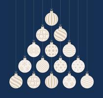 Noël et nouvel an carte de dessin animé plat de voeux. arbre de Noël créatif fait des boules de boule blanches et or sur fond bleu pour la célébration de Noël et du nouvel an. vecteur