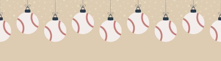 joyeux noël modèle horizontal sans soudure de baseball. accrocher sur une balle de baseball de dessin animé plat fil comme une boule de Noël sur fond horizontal d'or. illustration vectorielle de sport. vecteur