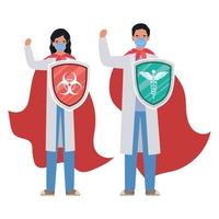 Femme et homme médecins héros avec capes et boucliers contre la conception de vecteur de virus ncov 2019