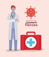 Homme médecin héros avec kit médical contre la conception de vecteur de virus ncov 2019