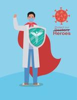 Homme médecin héros avec cape et bouclier contre la conception de vecteur de virus ncov 2019