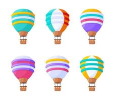 ensemble d'illustrations vectorielles plat montgolfières. véhicules aériens vintage colorés pour les vols isolés sur fond blanc. ballons de ciel ornés, dirigeables avec collection d'éléments de conception de paniers. vecteur