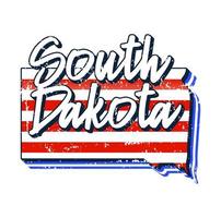 drapeau américain dans la carte de l'état du Dakota du Sud. style grunge de vecteur avec typographie lettrage dessiné à la main dakota du sud sur la carte en forme de vieux drapeau national américain vintage grunge isolé sur fond blanc