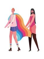 dessin animé femme et homme avec costume et conception de vecteur de drapeau lgtbi