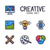 icônes de ligne de conception graphique et web de créativité dessinés à la main. palette d'icônes de vecteur de dessin animé doodle, idée d'ampoule, crayon, règle, moniteur, art et autres