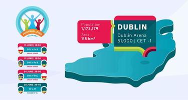 Carte de pays isométrique république irlande étiquetée dans le stade de dublin qui se tiendra des matchs de football illustration vectorielle. infographie de la phase finale du tournoi de football 2020 et informations sur le pays vecteur