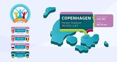 Carte isométrique du pays du Danemark étiqueté dans le stade de Copenhague qui se tiendra des matchs de football illustration vectorielle. infographie de la phase finale du tournoi de football 2020 et informations sur le pays vecteur