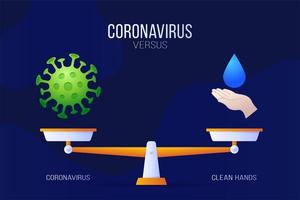 coronavirus ou illustration vectorielle de mains propres. concept créatif d'échelles et contre, d'un côté de l'échelle se trouve un virus covid-19 et de l'autre icône de main de goutte. illustration vectorielle plane. vecteur