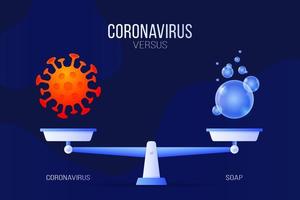 coronavirus ou utilisez une illustration vectorielle de savon. concept créatif d'échelles et contre, d'un côté de l'échelle se trouve un virus covid-19 et de l'autre icône de bulle de savon. illustration vectorielle plane. vecteur