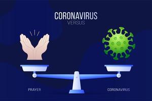 illustration vectorielle de coronavirus ou de prière. concept créatif d'échelles et contre, d'un côté de l'échelle se trouve un virus covid-19 et de l'autre icône de main de prière. illustration vectorielle plane. vecteur